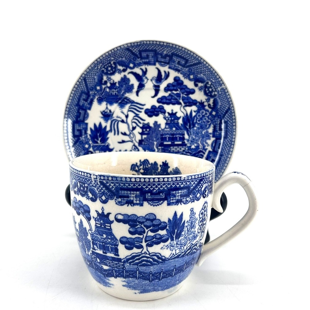 Vintage Blue Willow Transferware Tea Cup and Saucer Set Chinoiserie Pagoda Blue